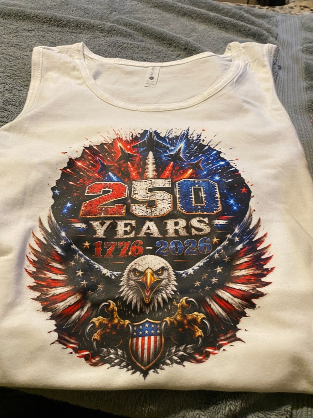 Next Level Apparel White Tank Top with Red & Blue Patriotic Eagle Graphic